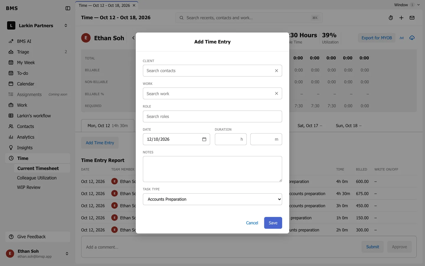 The Add Time Entry dialog with Client, Work, Role, Date, Duration in hours and minutes, Notes and Task type, and Cancel and Save.