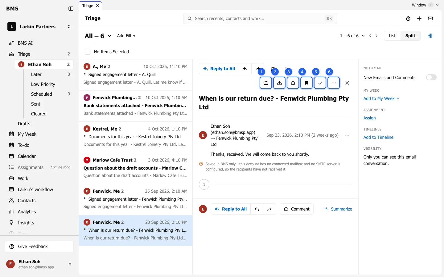An email open in Triage with numbered rings on the action bar: Add to work, Assign, Remind me, Save to Later, Clear and More actions.
