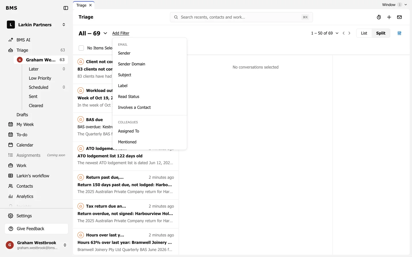 The Add Filter menu open with Sender, Sender Domain, Subject, Label, Read Status, Involves a Contact, Assigned To and Mentioned.