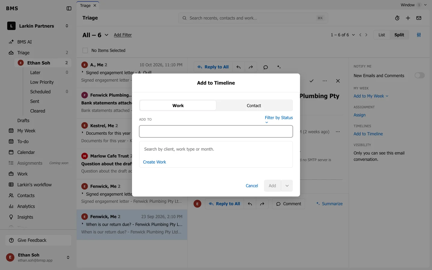 The Add to Timeline dialog with its Work and Contact tabs and a search field.
