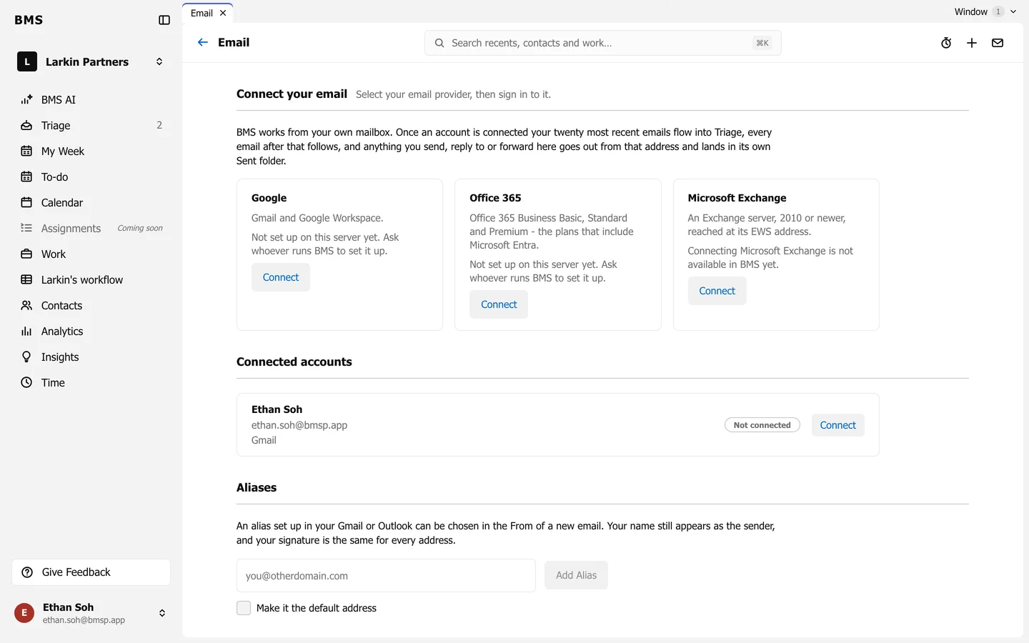 Settings, Email, with the Connect your email section and provider cards for Google, Office 365 and Microsoft Exchange, and Connected accounts below.