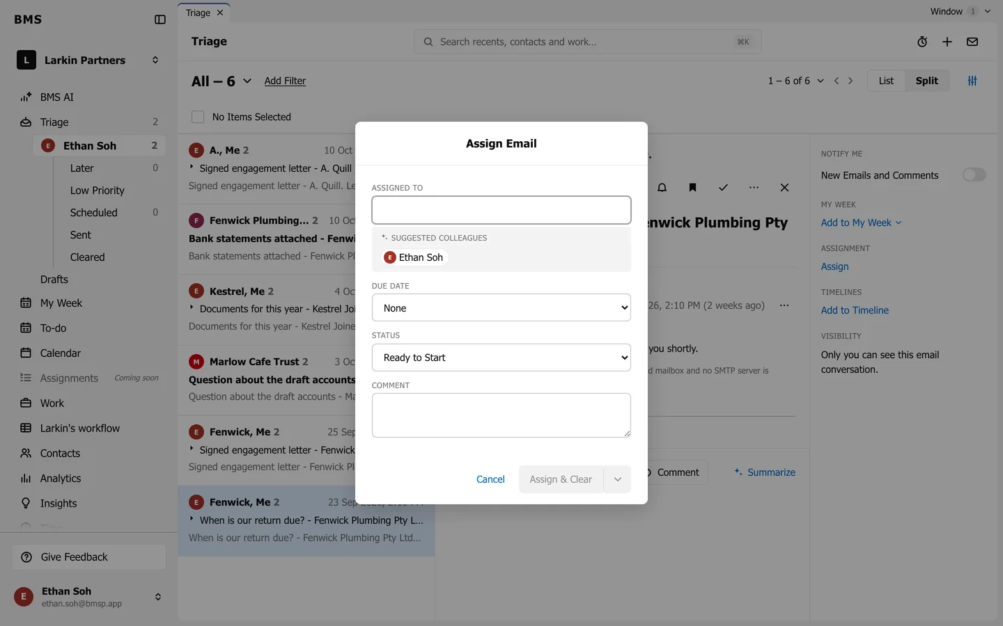 The Assign Email dialog with Assigned To, Suggested Colleagues, Due Date, Status and Comment fields.