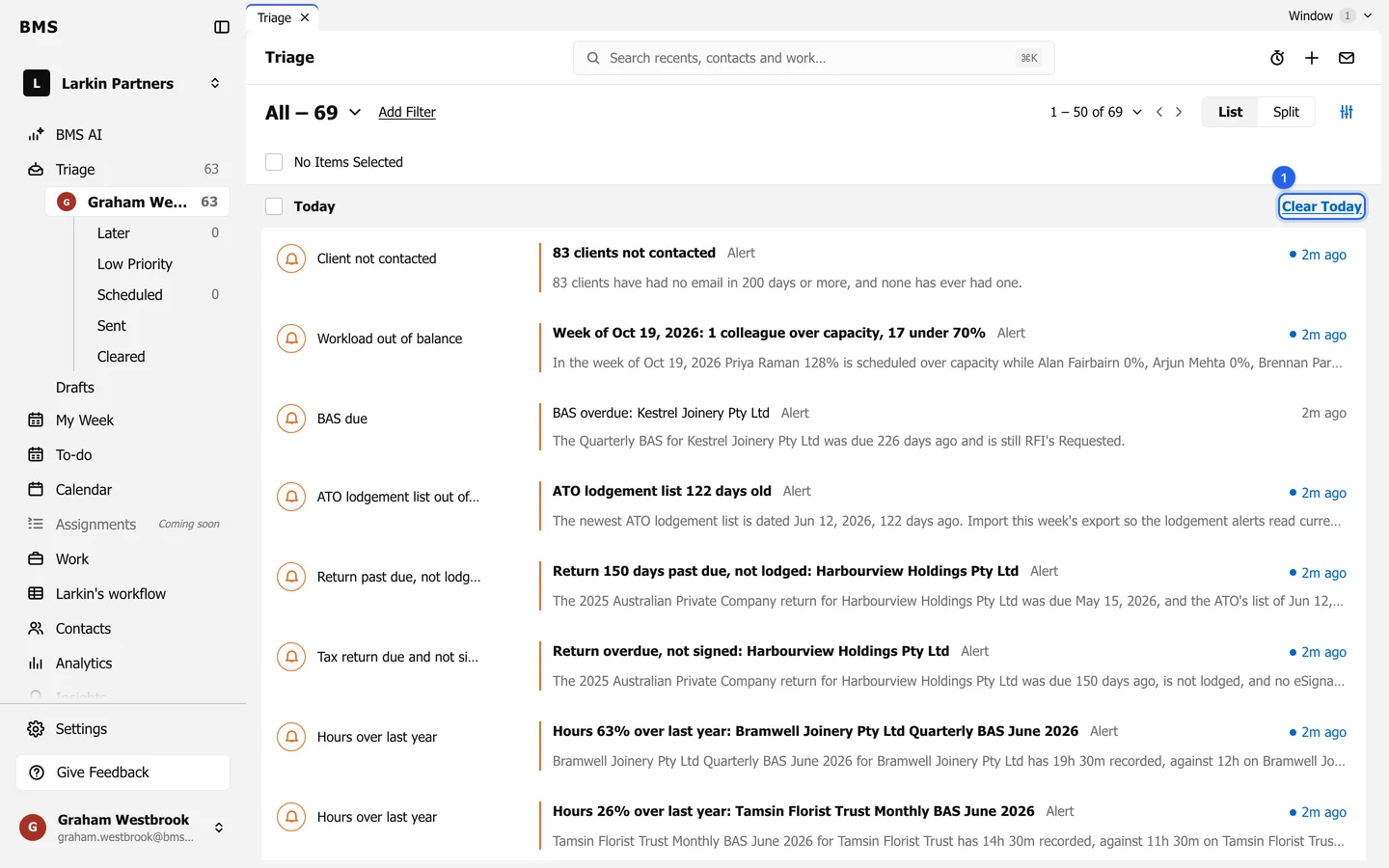 Triage in List view with the Clear link of a day group ringed.