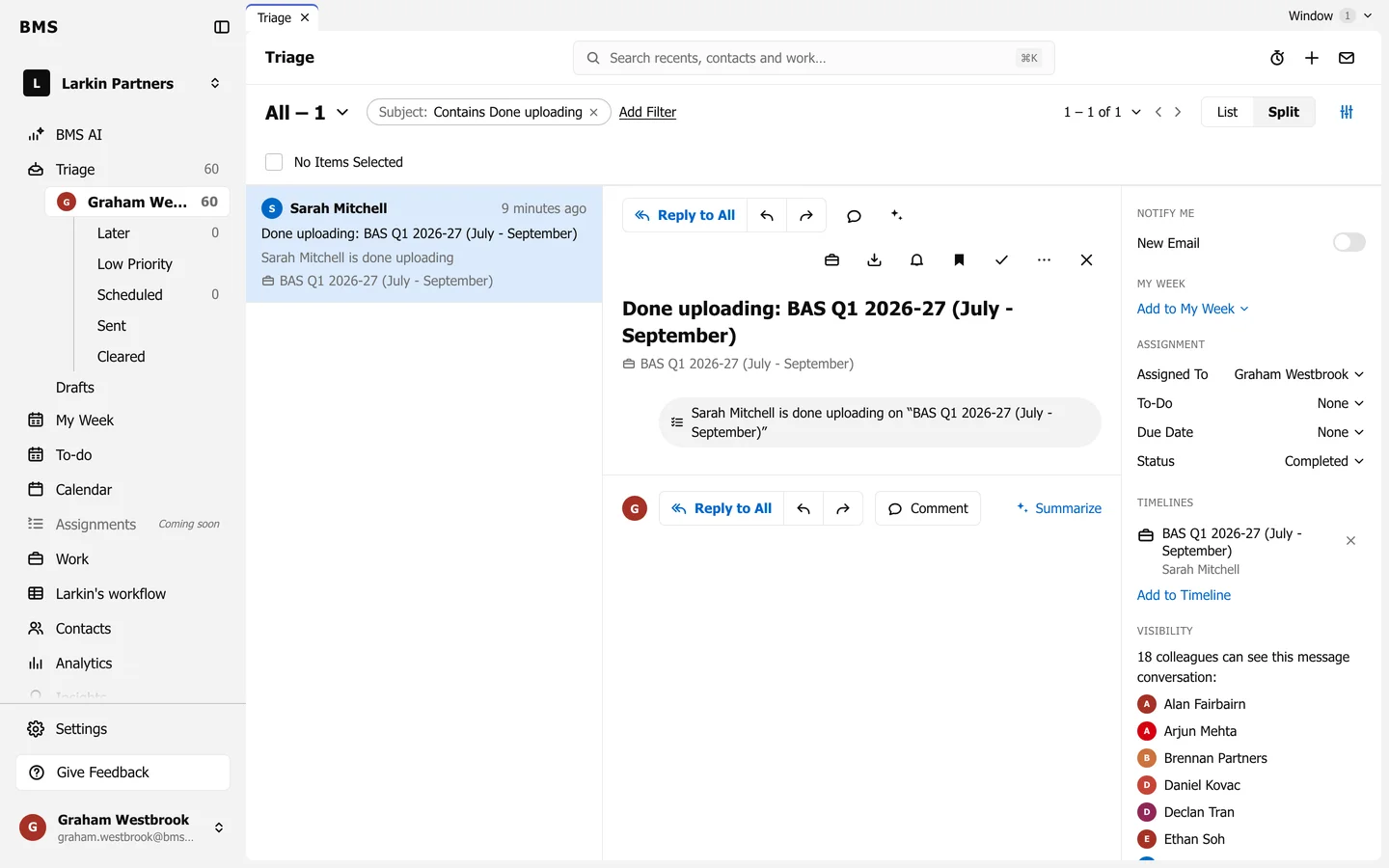 A Client Task item from Sarah Mitchell, Done uploading: BAS Q1 2026-27, open in Triage, linked to the job, with the job on its timeline.