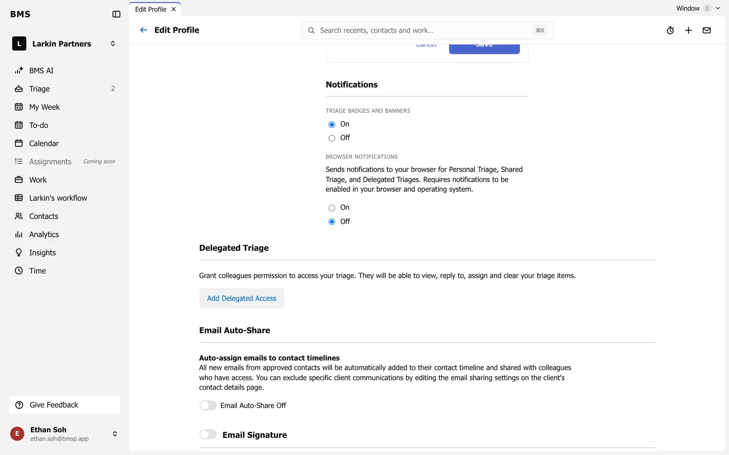The Delegated Triage section of Edit Profile with the Add Delegated Access button.