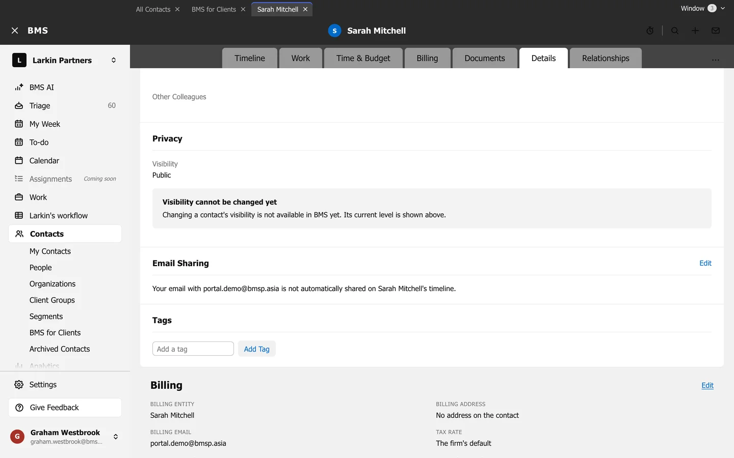 A contact's Details tab with the Email Sharing section, saying whether your email with the contact's address is shared on the timeline, and an Edit link.