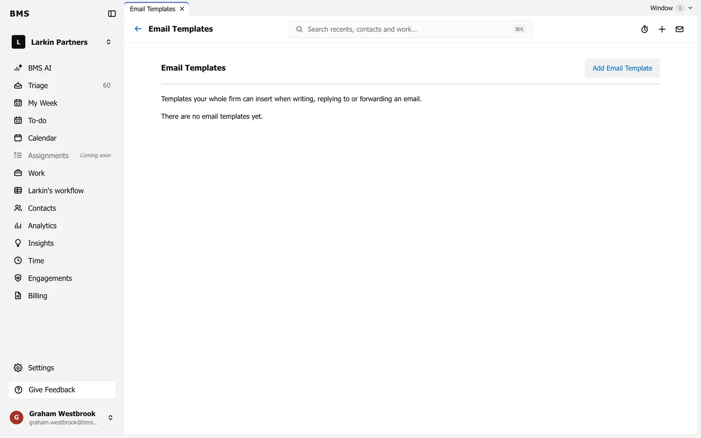 Settings, Email Templates, with the Add Email Template button and the list of templates.