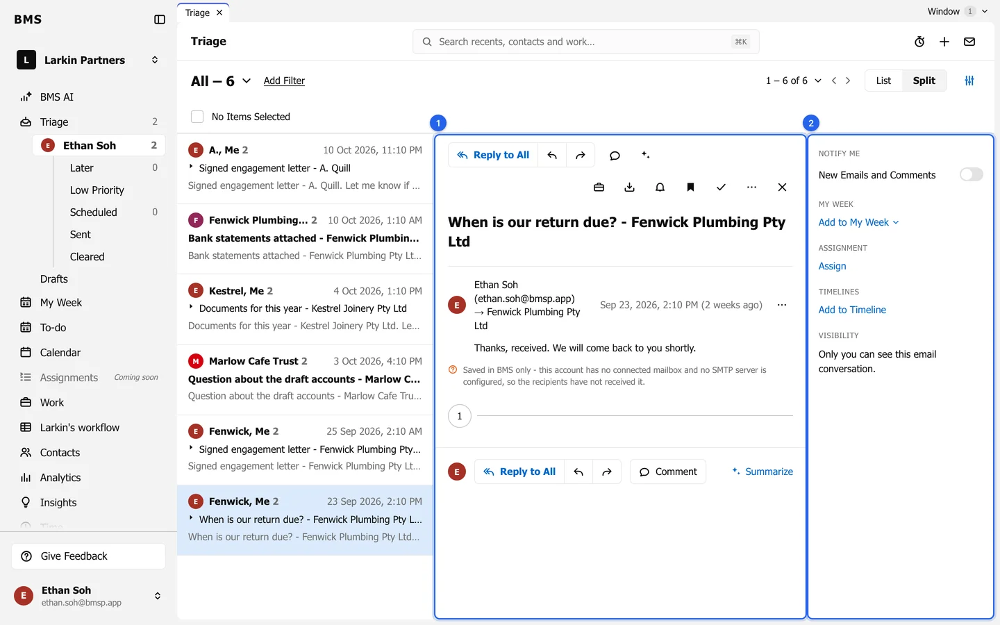 An email open in Split view, with the reading pane ringed as 1 and the information tray ringed as 2.