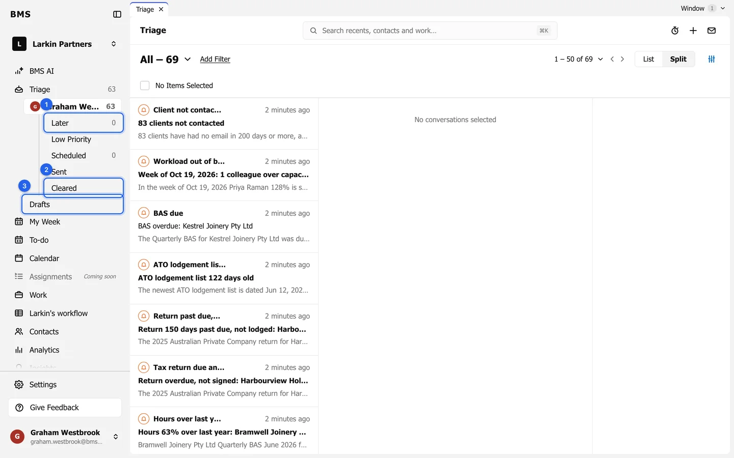 Triage in Split view with a list of alerts, each with a bell avatar, and the Triage folders in the sidebar ringed.