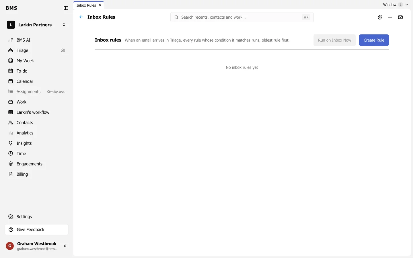 Settings, Inbox Rules, with the Run on Inbox Now and Create Rule buttons and the list of rules.