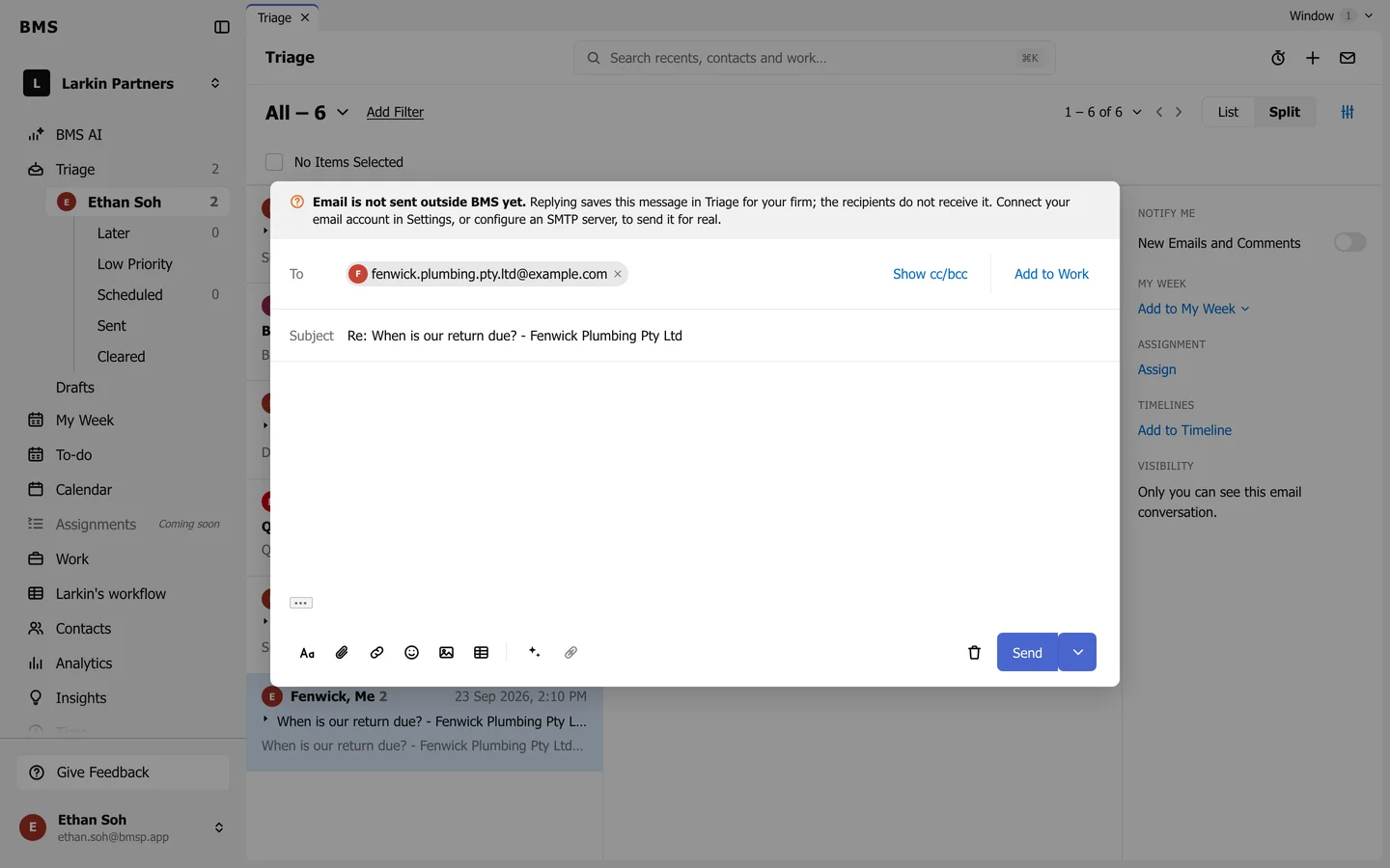 The email composer replying to Marlow Cafe Trust, with To, Show cc/bcc, Add to Work, Subject, the message area and the toolbar.