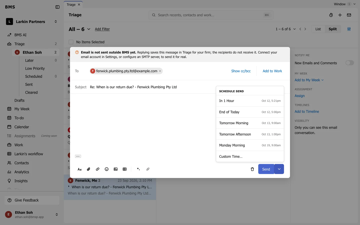 The composer with the Schedule Send menu open beside Send: In 1 Hour, End of Today, Tomorrow Morning, Tomorrow Afternoon, Monday Morning and Custom Time.