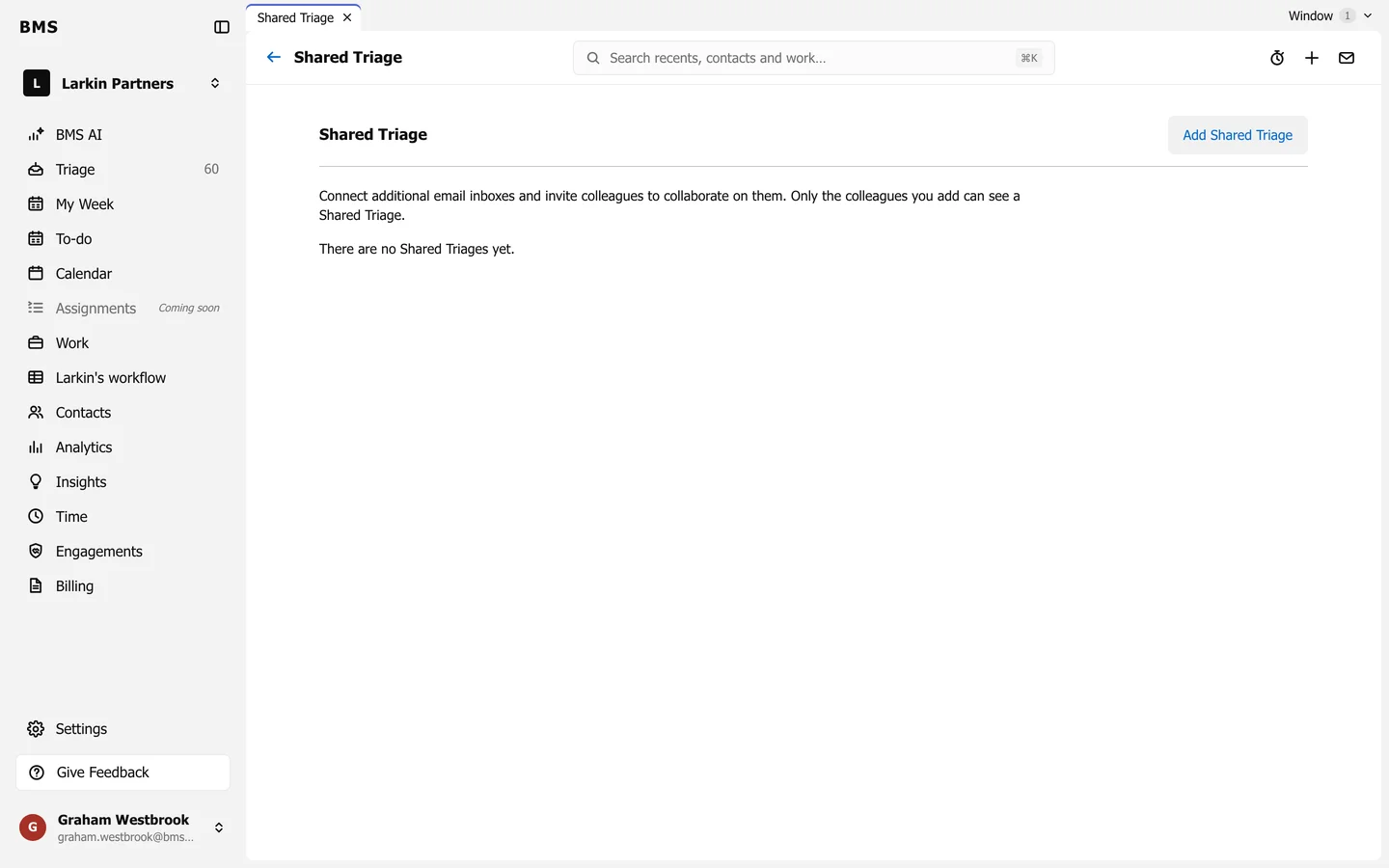 Settings, Shared Triage, listing shared inboxes with their email accounts, colleagues and sharing rules, and an Add Shared Triage button.