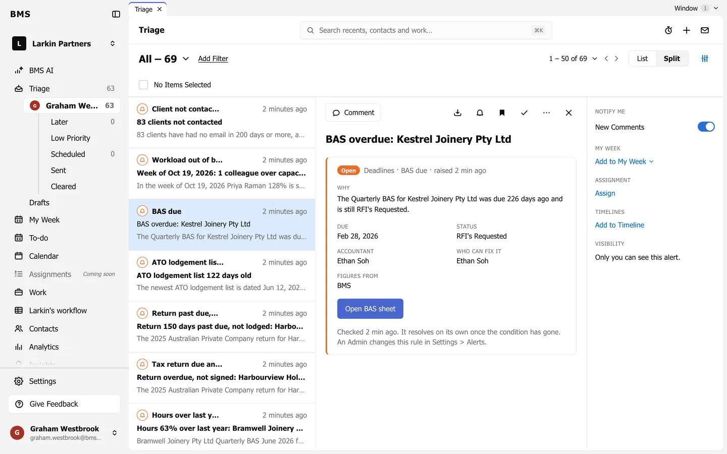 Triage in Split view: the list of items on the left, an alert open in the reading pane, and the information tray on the right.