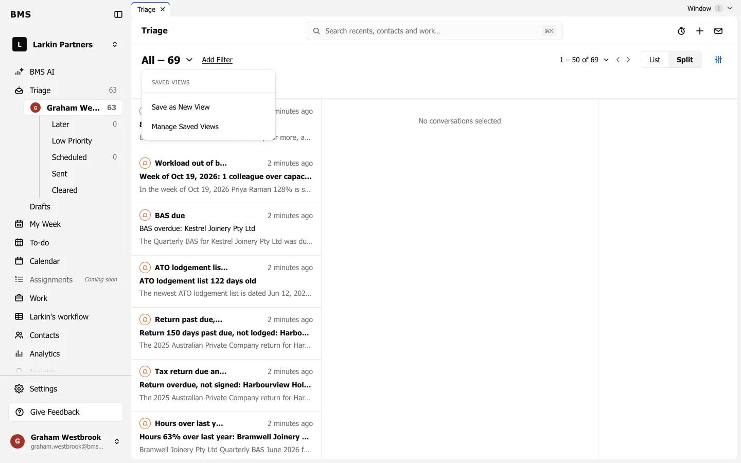 The view menu open under All, listing the Triage folders, Save as New View and Manage Saved Views.