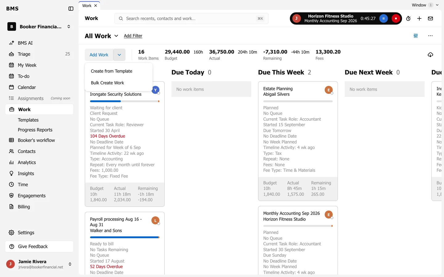 The Add Work options menu open with Create from Template and Bulk Create Work.