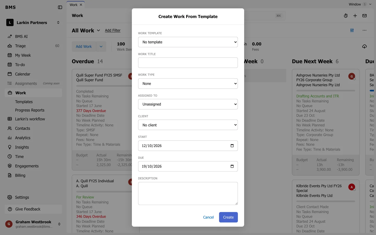 The Create Work From Template dialog with Work template, Work title, Work type, Assigned to, Client, Start, Due and Description, and Create.
