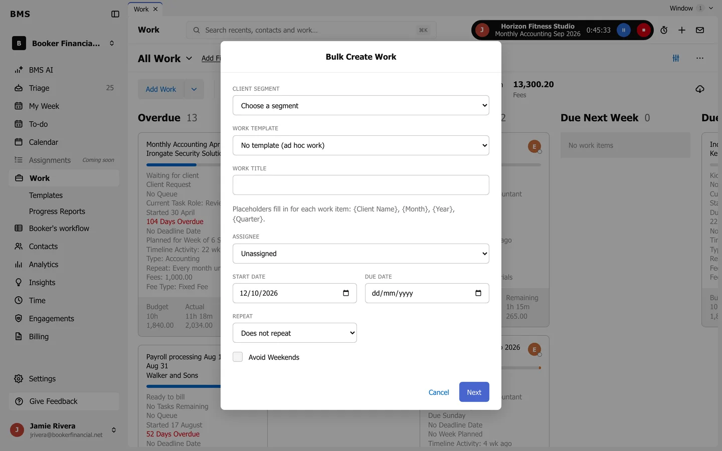 The Bulk Create Work dialog with Client Segment, Work Template, Work Title, Assignee, Start Date, Due Date, Repeat, End Date and Avoid Weekends.