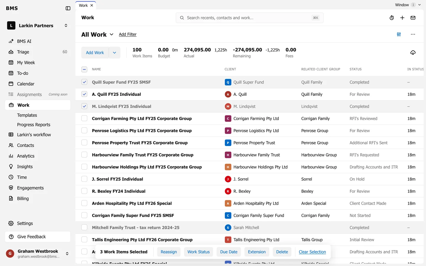 Work in List view with three rows ticked and the Bulk actions toolbar showing Reassign, Work Status, Due Date, Extension and Delete.