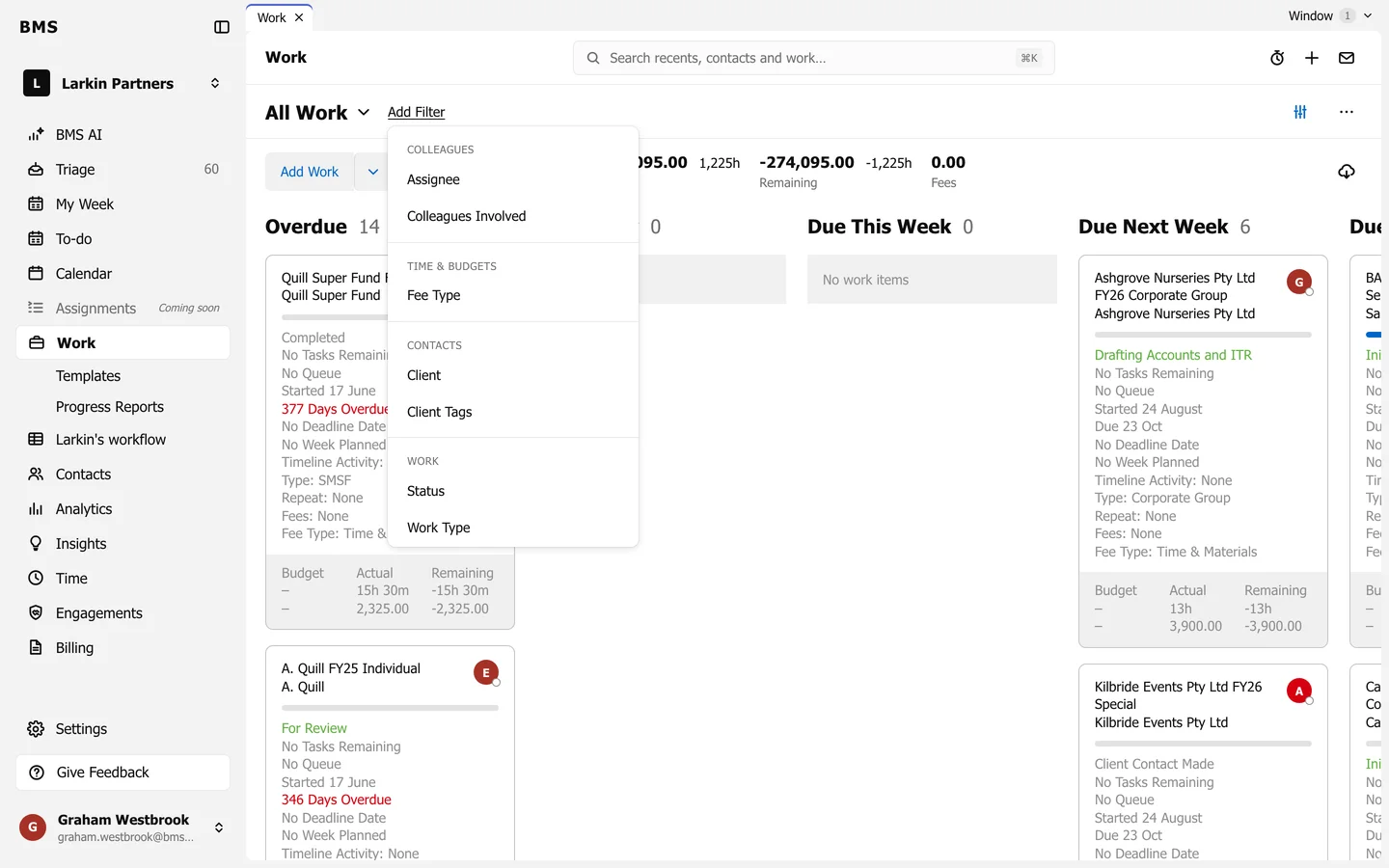 The Add Filter menu open on Work, listing the fields grouped by Colleagues, Time and Budgets, Contacts, Work and Dates.