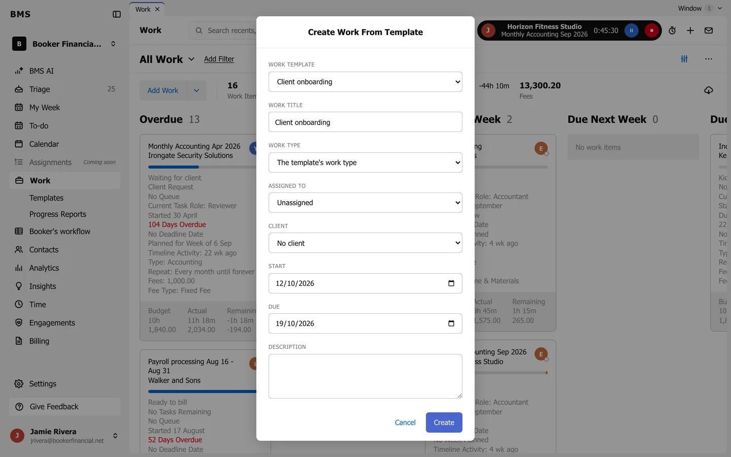 The Create Work From Template dialog with a template chosen, and a Job role field for each of the template's roles.