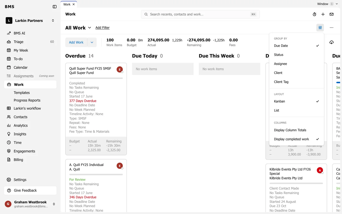 The Grouping and layout menu open: Group by Due Date, Status, Assignee, Client and Client Tag; Layout Kanban and List; Columns Display Column Totals and Display completed work.