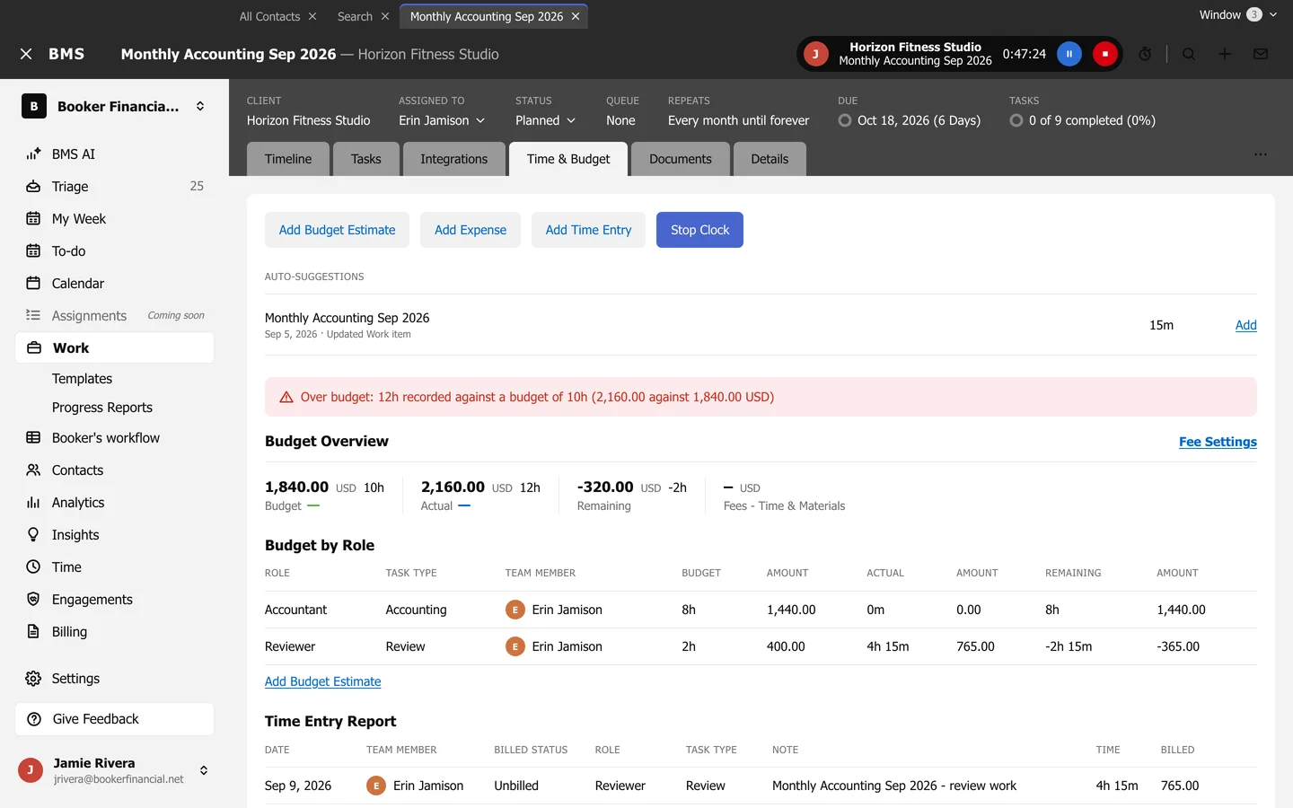 A job's Time and Budget tab, with a running timer shown in the top bar beside the search box.