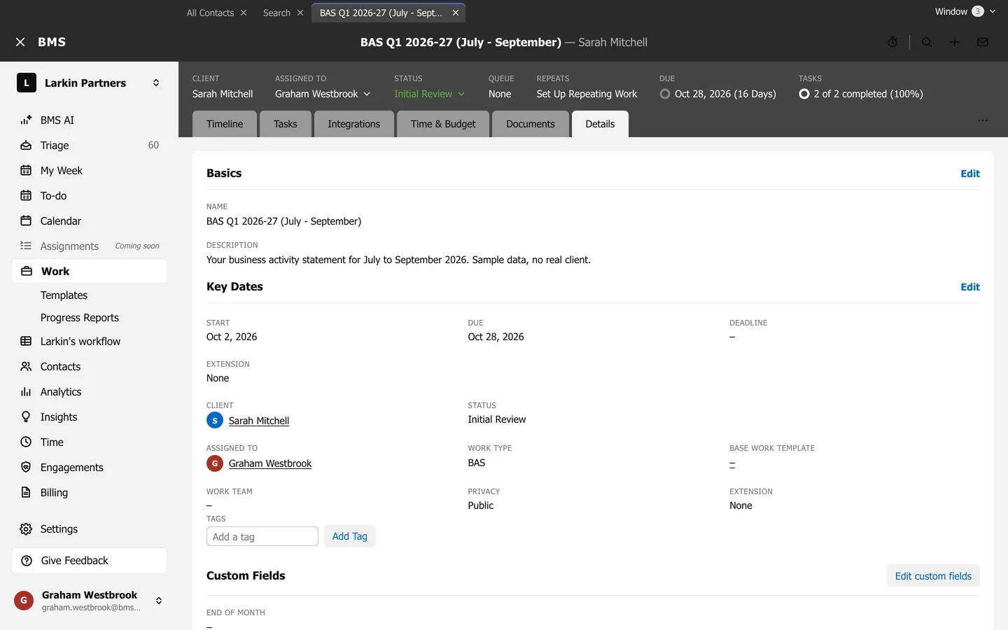 A job's Details tab with its name, description, key dates, client, status, work type, template, work team, privacy and tags.