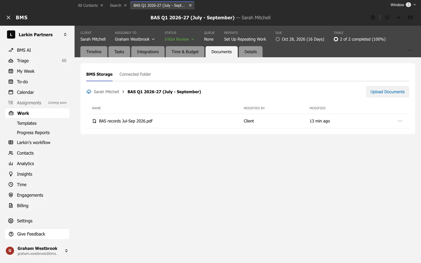 A job's Documents tab with BMS Storage and Connected Folder, an Upload Documents button and the list of files.