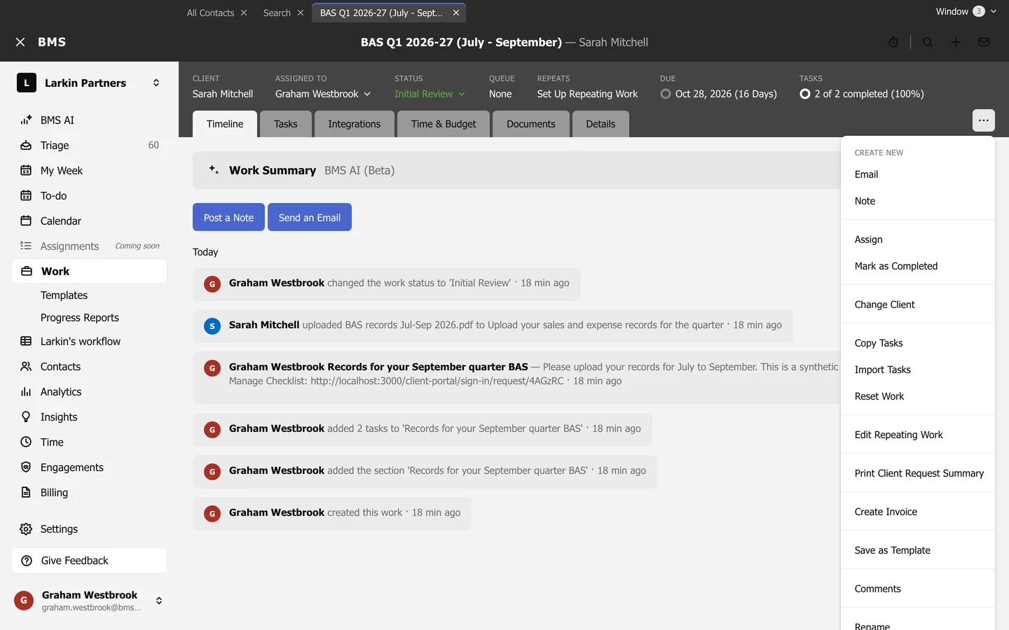 The Work item options menu with Print Client Request Summary among its items.