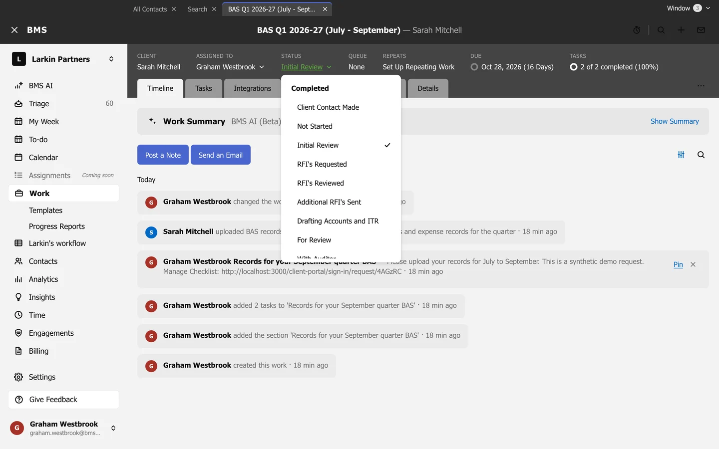 The Status menu open in a job's header, listing the firm's statuses with sub-statuses indented.