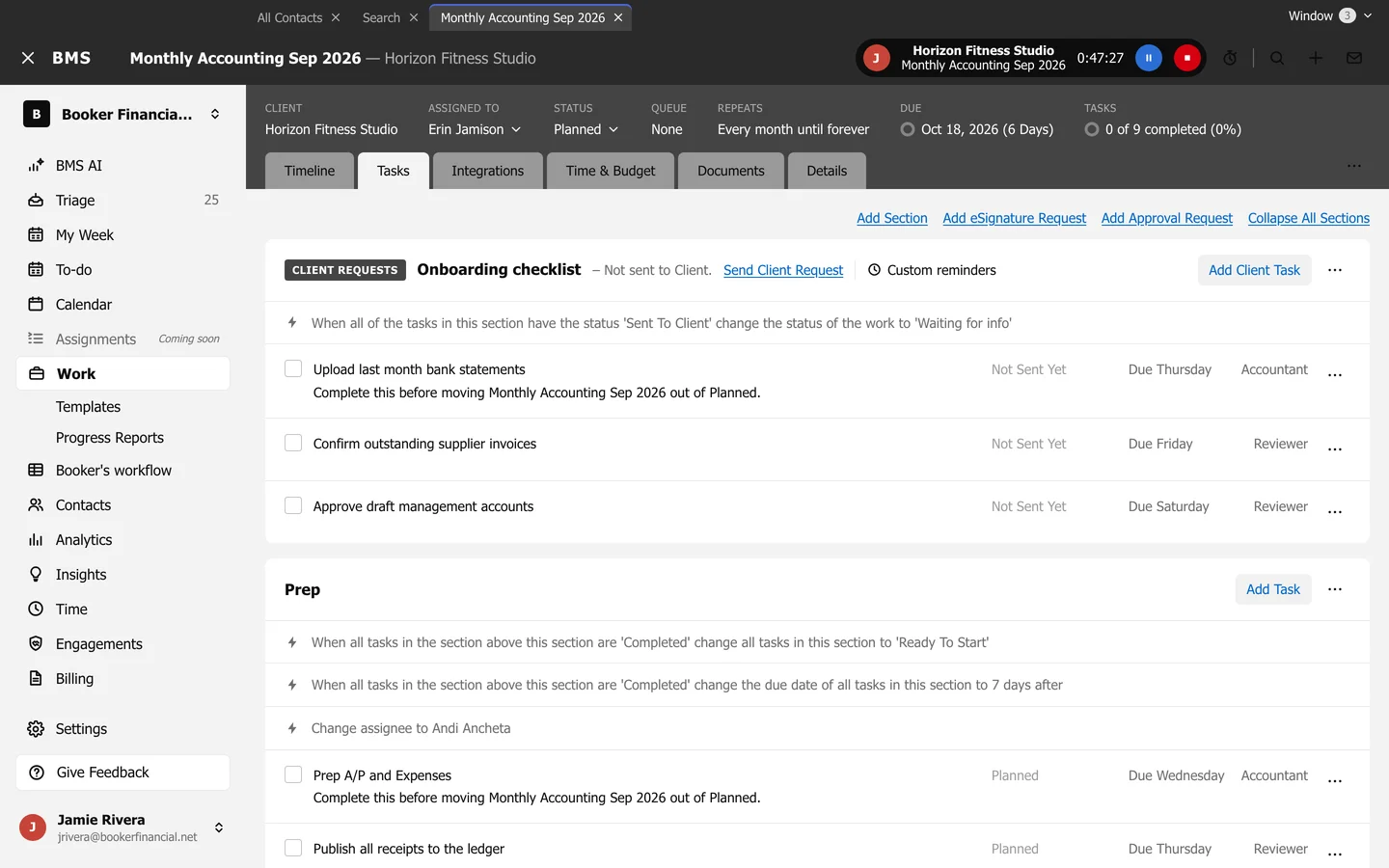 A client request section, Onboarding checklist, marked Not sent to Client, with a Send Client Request link.