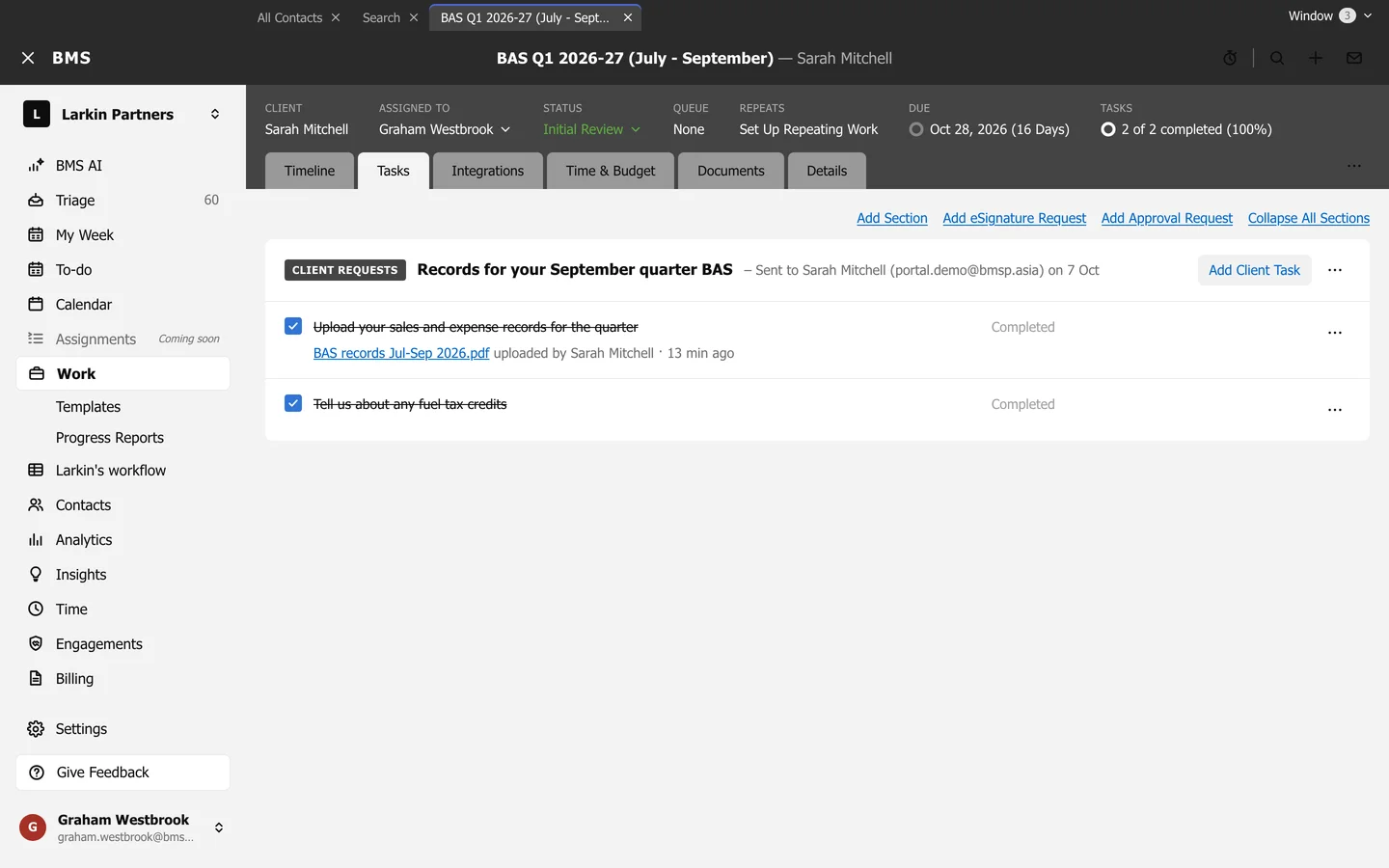 A sent client request on a job, with completed items struck through and the file the client uploaded linked under the item.