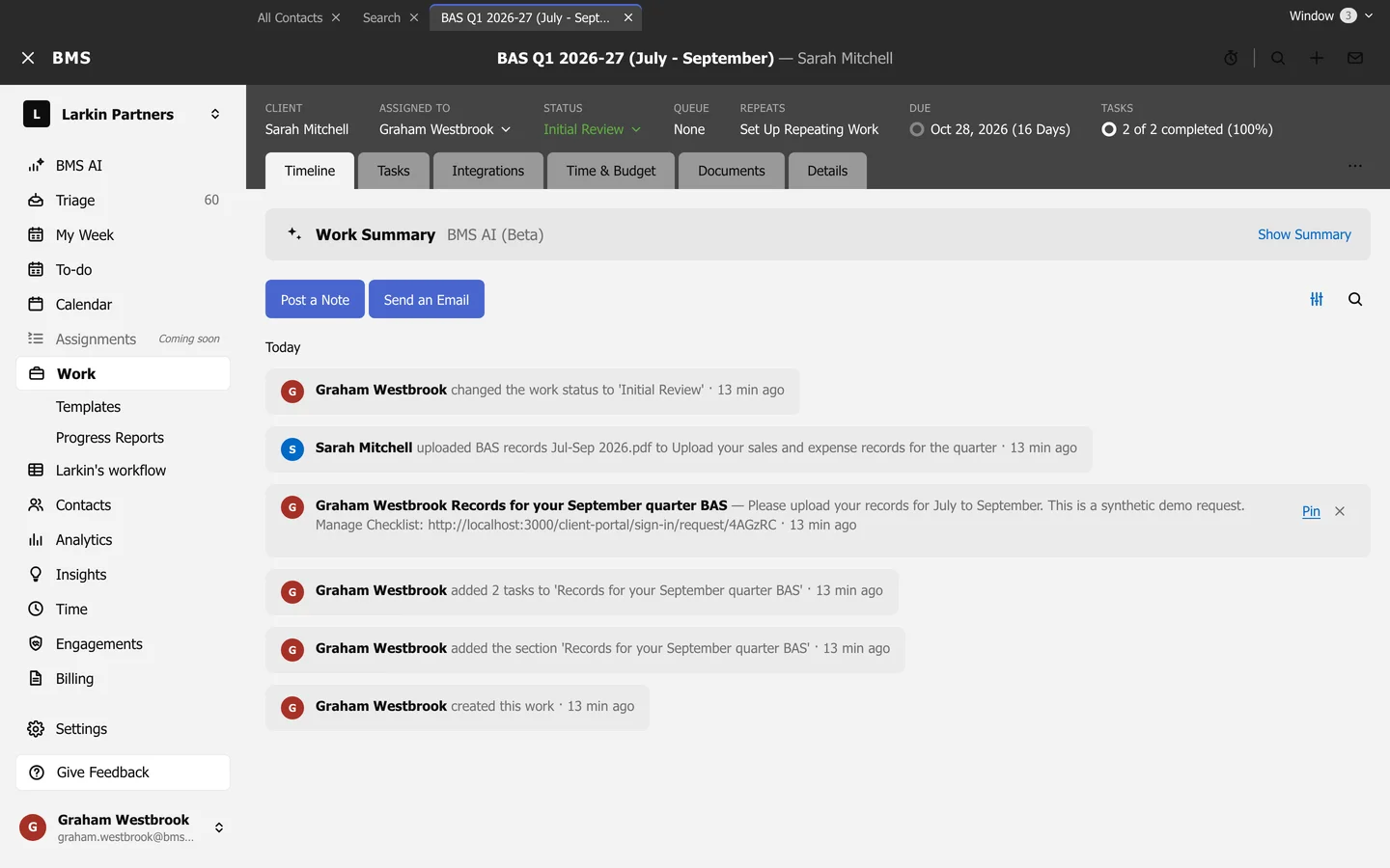 A job's Timeline tab with Post a Note and Send an Email buttons above the history.