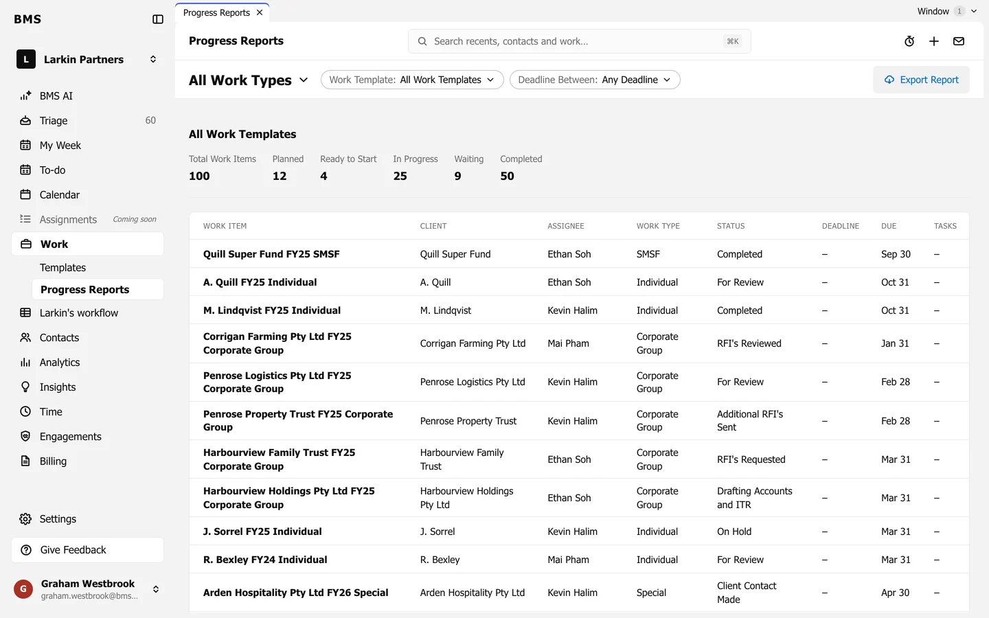 Progress Reports with the Export Report button.