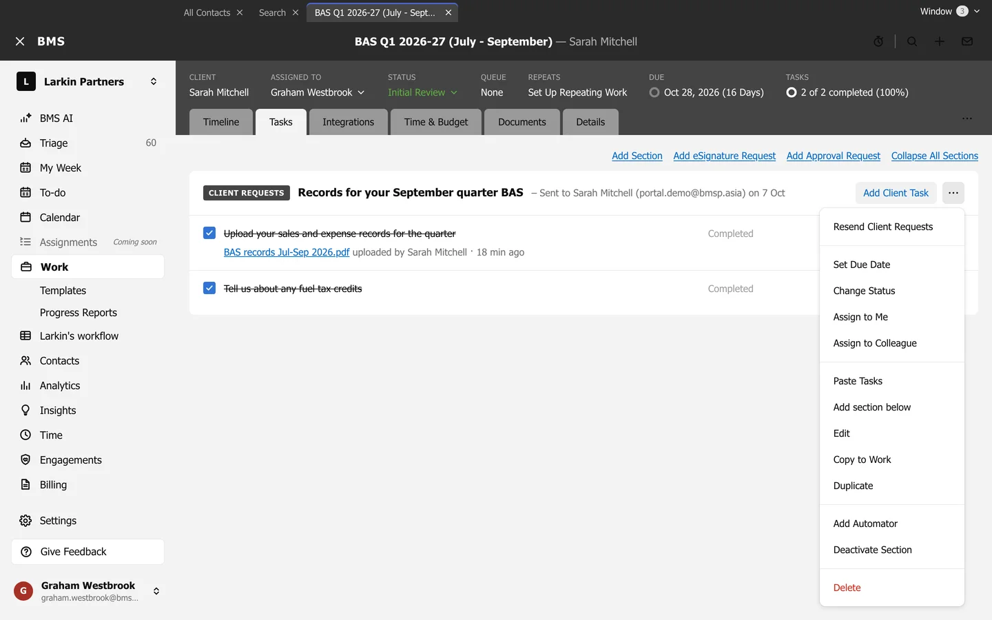 The Section options menu open on a section, listing Set Due Date, Change Status, Assign to Me, Assign to Colleague, Paste Tasks, Add section below, Edit, Copy to Work, Duplicate, Add Automator and more.