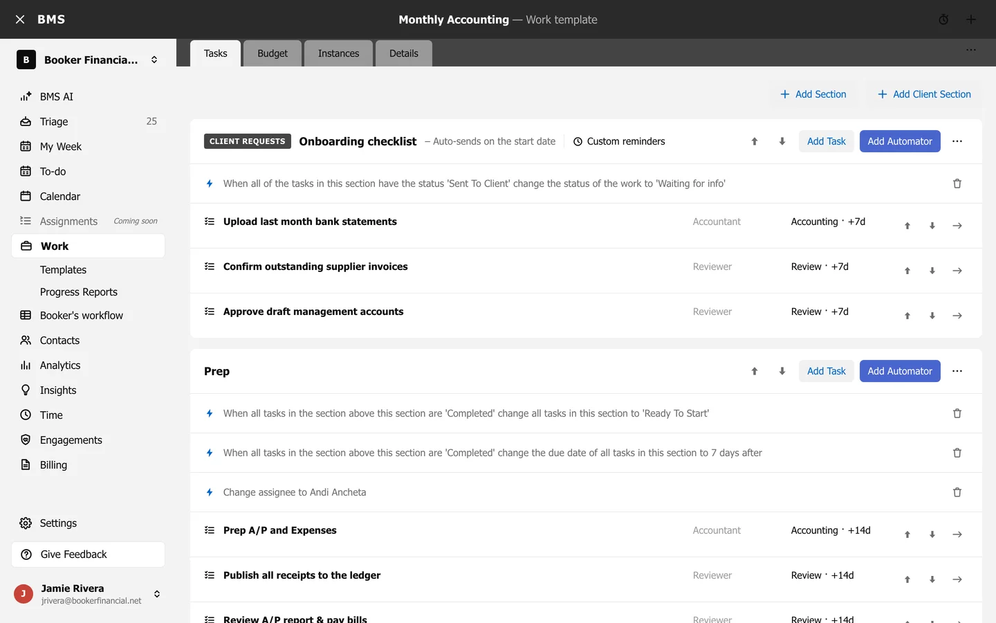 The Monthly Accounting template open on its Tasks tab, with its sections and tasks.