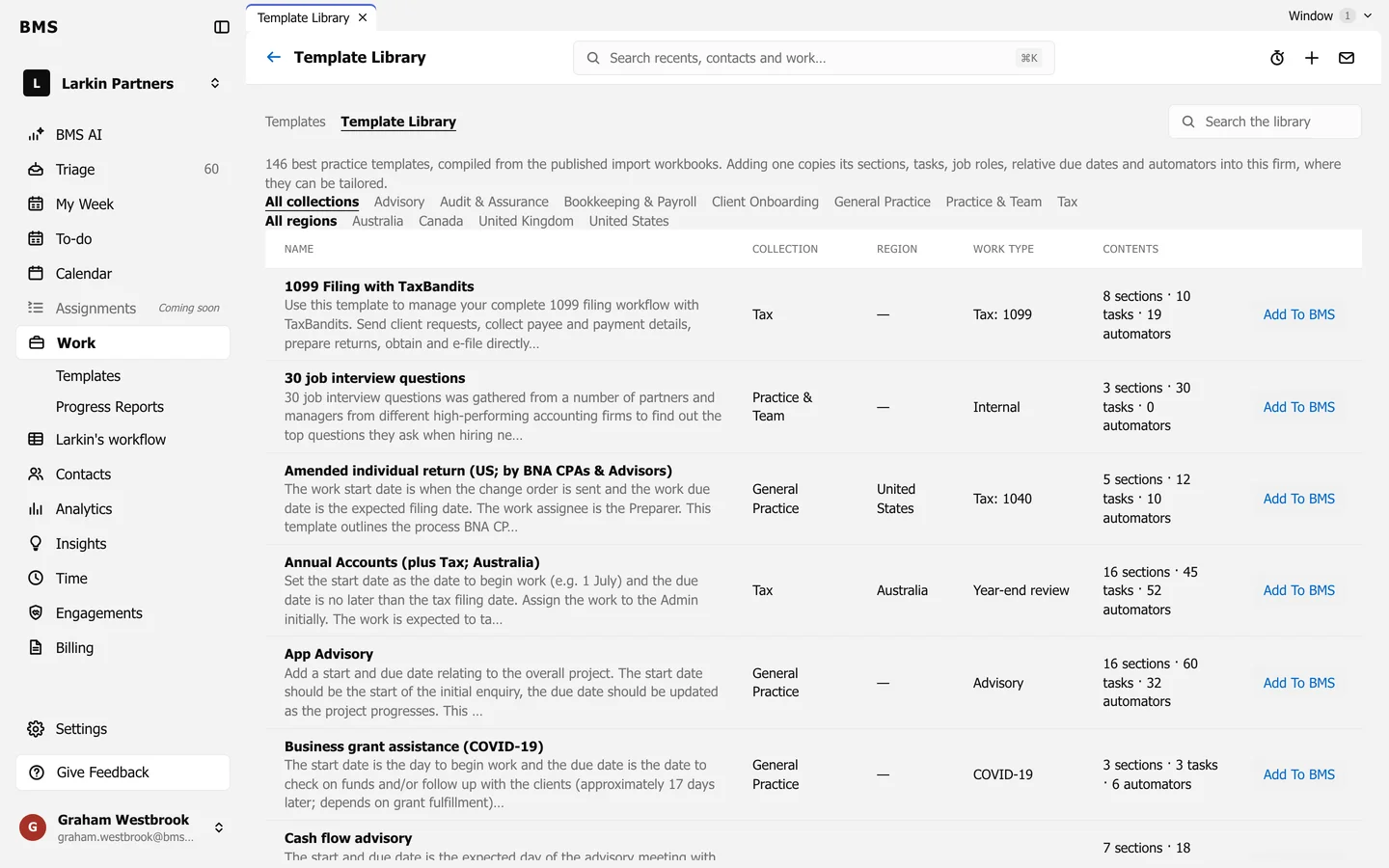 The Template Library with a search box, Collection and Region filters, and a table of templates with Name, Collection, Region, Work type and Contents.