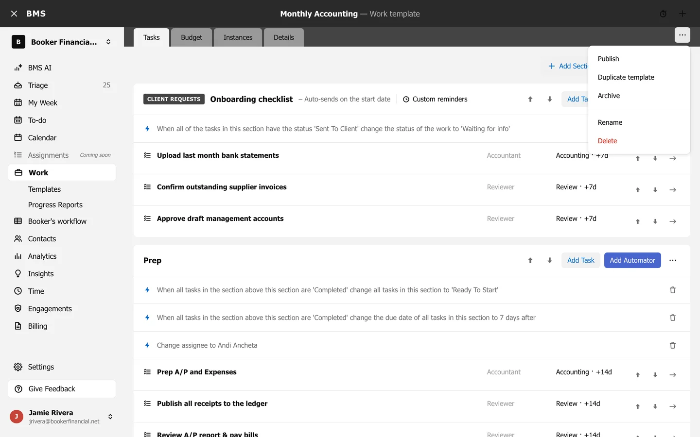 The Template options menu open on a template, with Publish, Duplicate template, Archive, Rename and Delete.